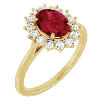 Oval lab-grown ruby surrounded by lab-grown diamond halo in solid 14K yellow gold ring