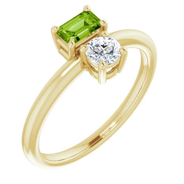 Polished 14K yellow gold two-stone ring set with emerald-cut natural green peridot and round natural white sapphire
