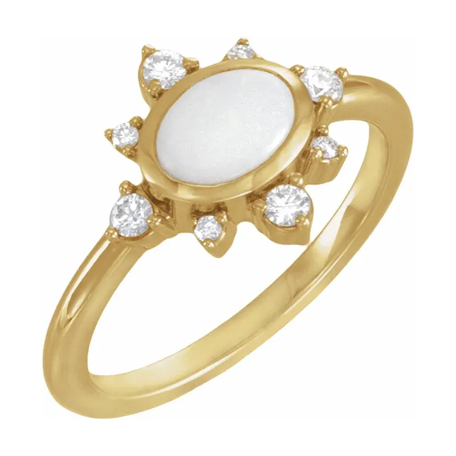 14K yellow gold white opal cabochon and lab-grown diamond complete ring on white background
