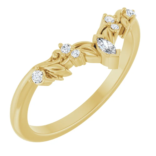 14K Yellow Gold Floral Diamond Contour Wedding Band, Wedding Band