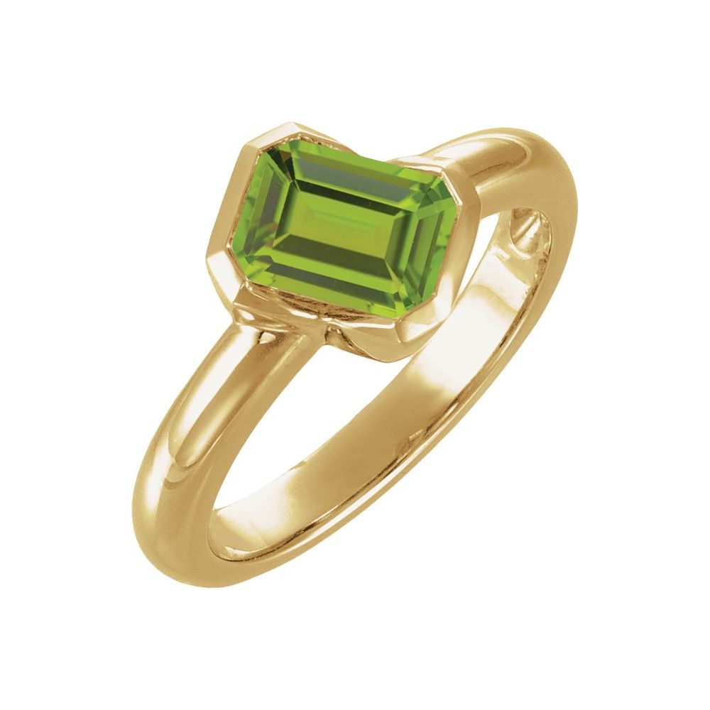 14K yellow gold emerald-cut natural peridot half-bezel solitaire ring