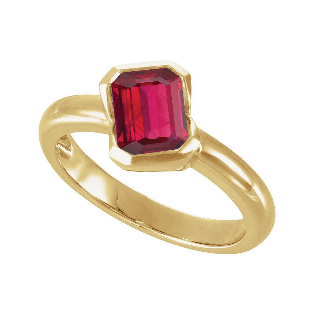 14K yellow gold emerald-cut lab-grown ruby solitaire ring