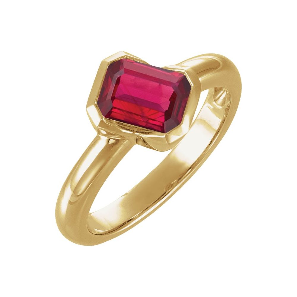14K yellow gold emerald-cut lab-grown ruby solitaire ring