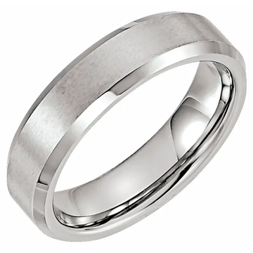 Silver-tone satin tungsten men's beveled edge band, 6 mm